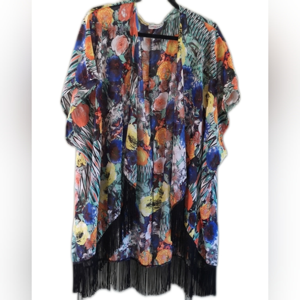 Chokolate Fringed Dolman Sleeve Sheer Swimsuit Cover Up Kimono 1X